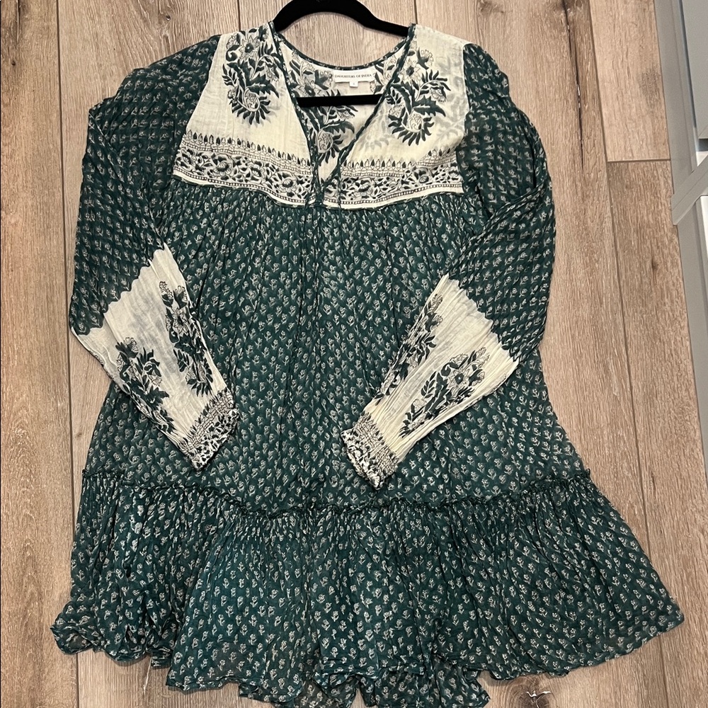 Embroidered Teal Floral Mini Dress with Ivory Yoke